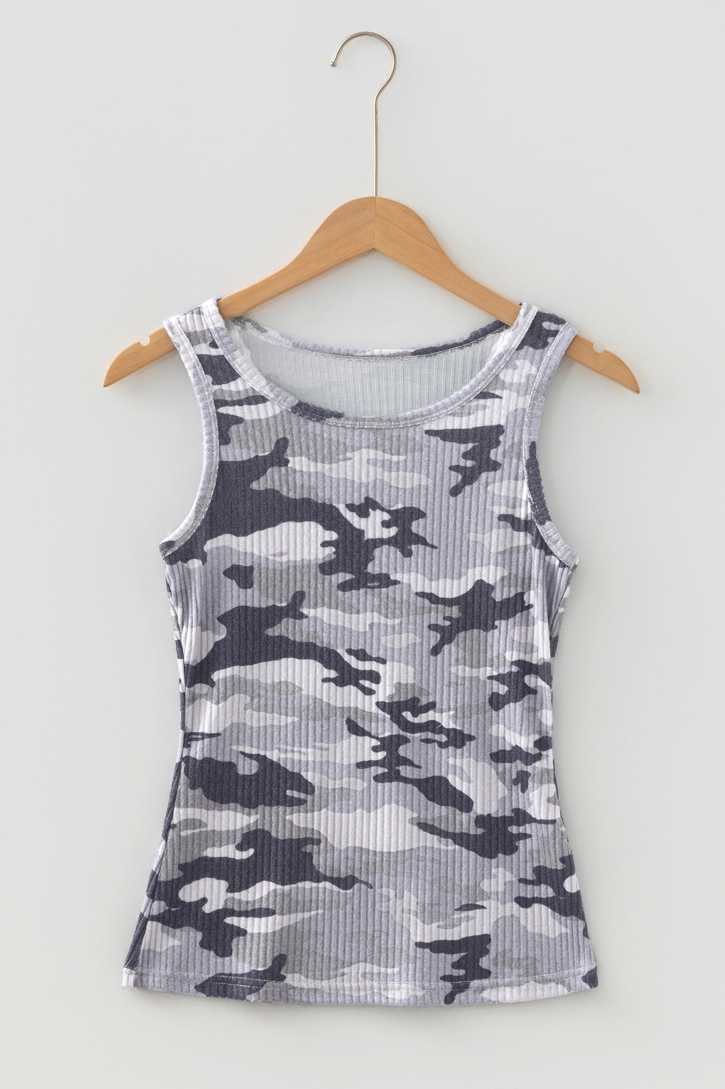 Gray Camouflage Print Ribbed Knit Round Neck Tank Top - Snoopy's Closet