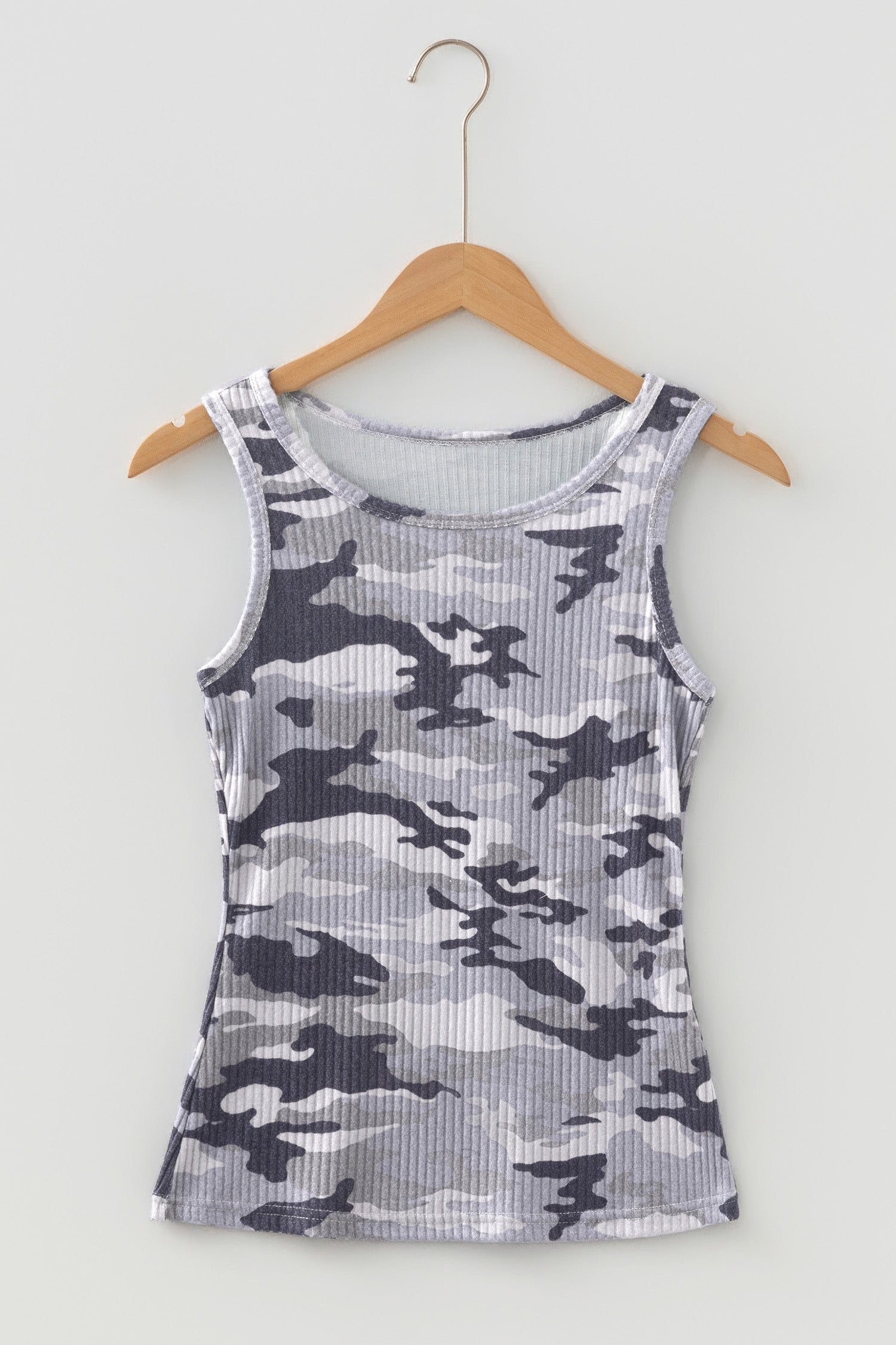 Gray Camouflage Print Ribbed Knit Round Neck Tank Top - Snoopy's Closet