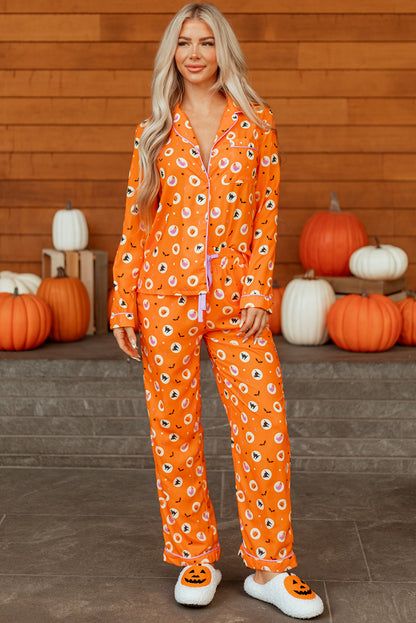 Orange Halloween Print Lapel Shirt Long 2pcs Pajama Set - Snoopy's Closet