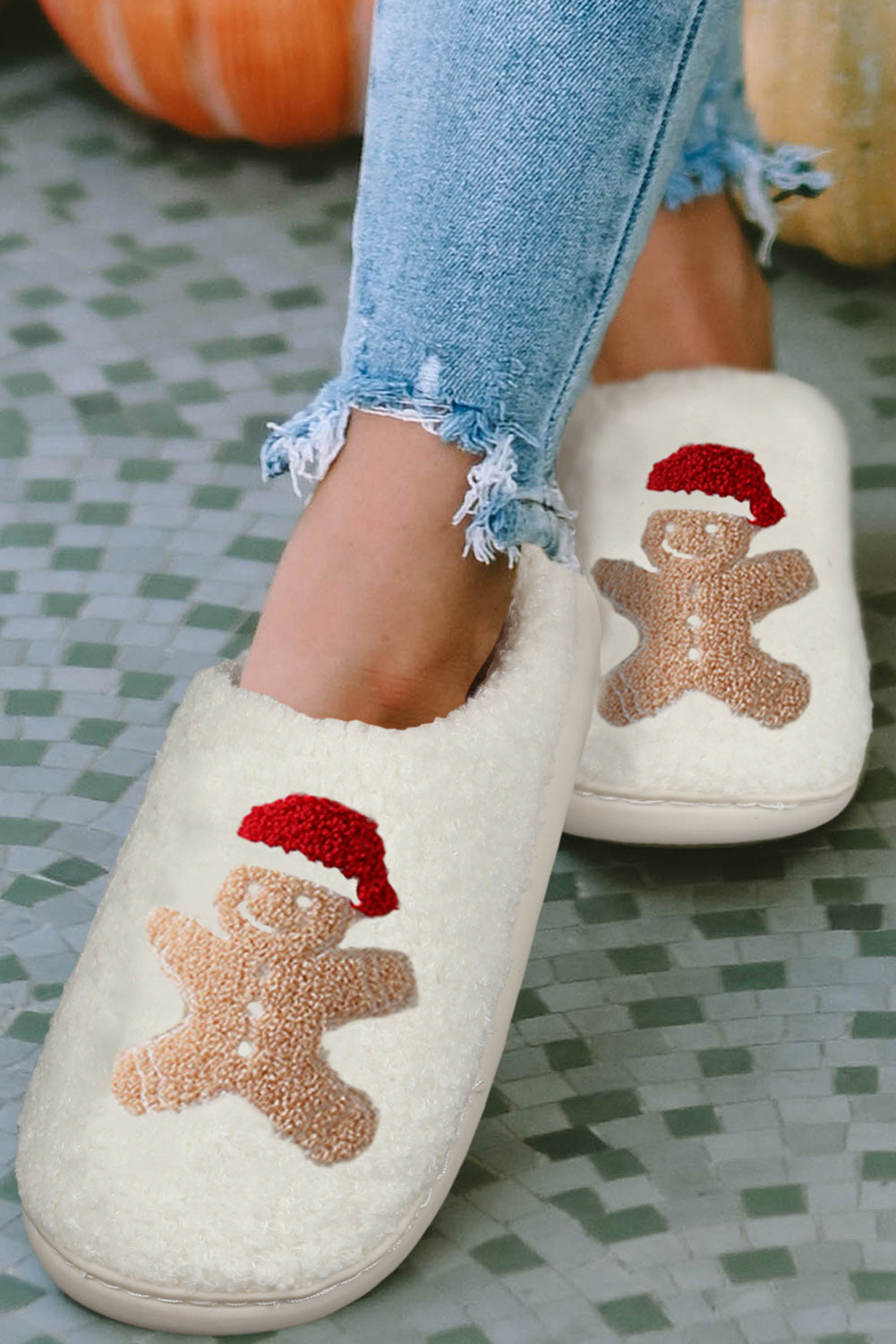 White Christmas Gingerbread Man Plush Home Slippers - Snoopy's Closet
