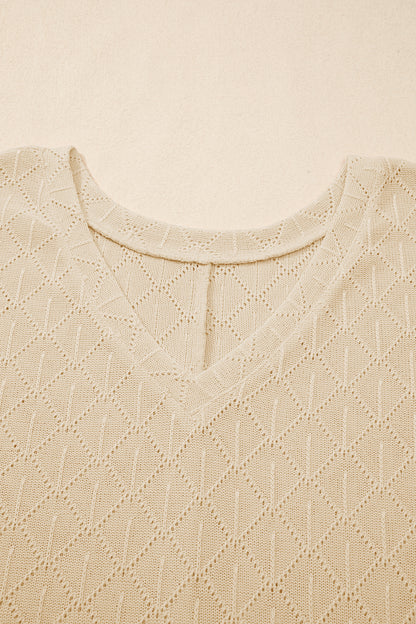 Golden Fleece Pointelle Rhombus Knit Plus Size V Neck Loose Top