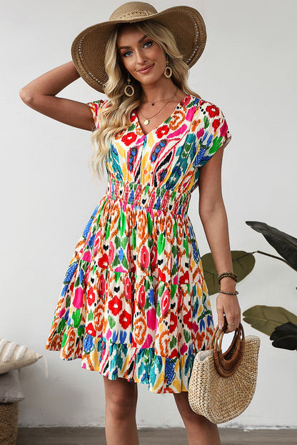Sky Blue Abstract Print V Neck Dolman Sleeve Ruffle Tiered Mini Dress