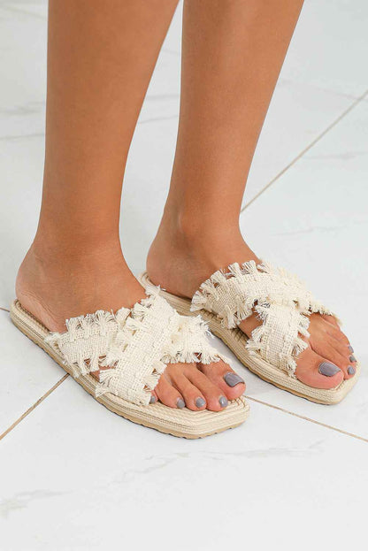 Beige Tassel Woven Crossed Straps Flat Slippers