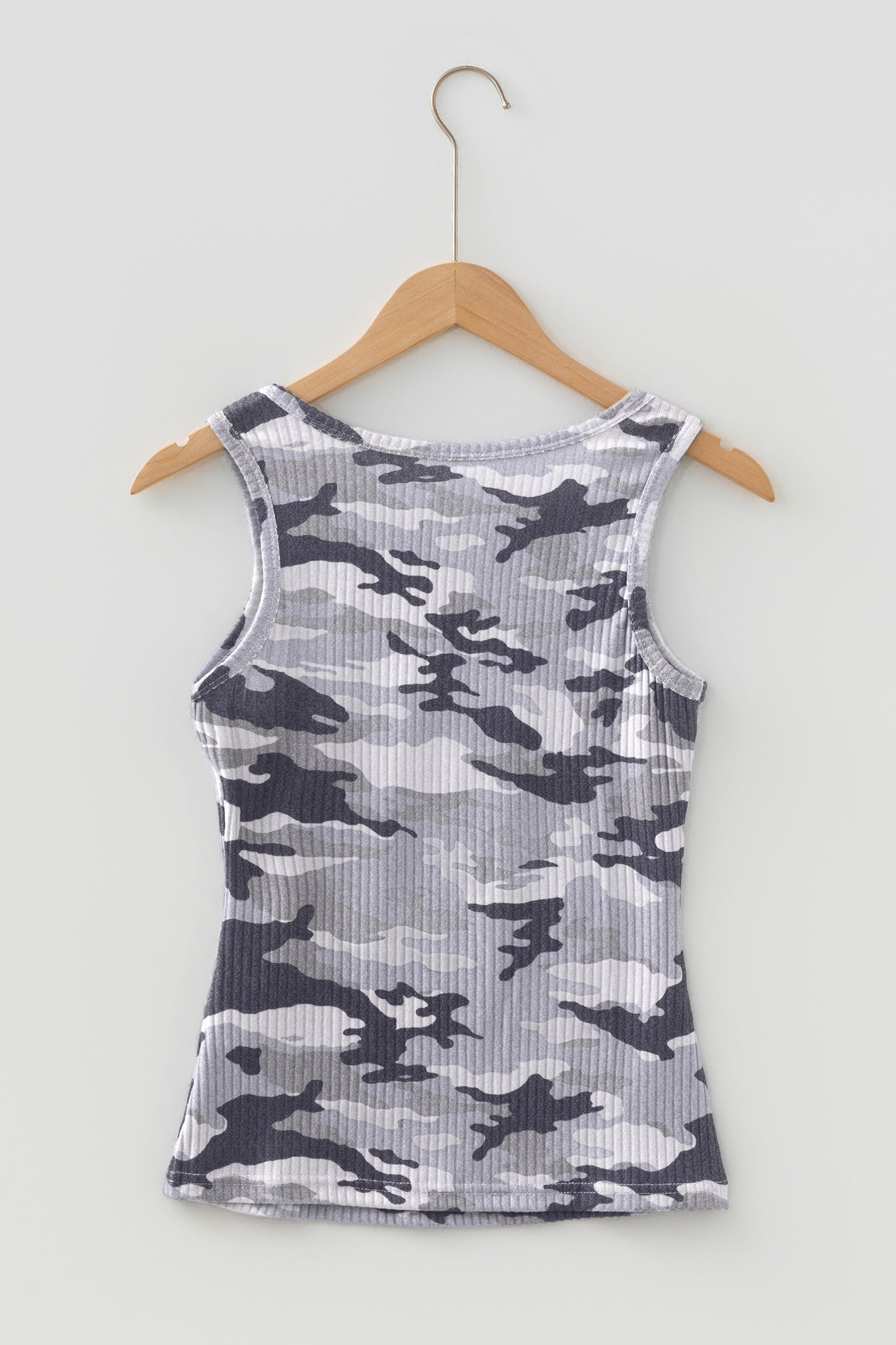 Gray Camouflage Print Ribbed Knit Round Neck Tank Top - Snoopy's Closet