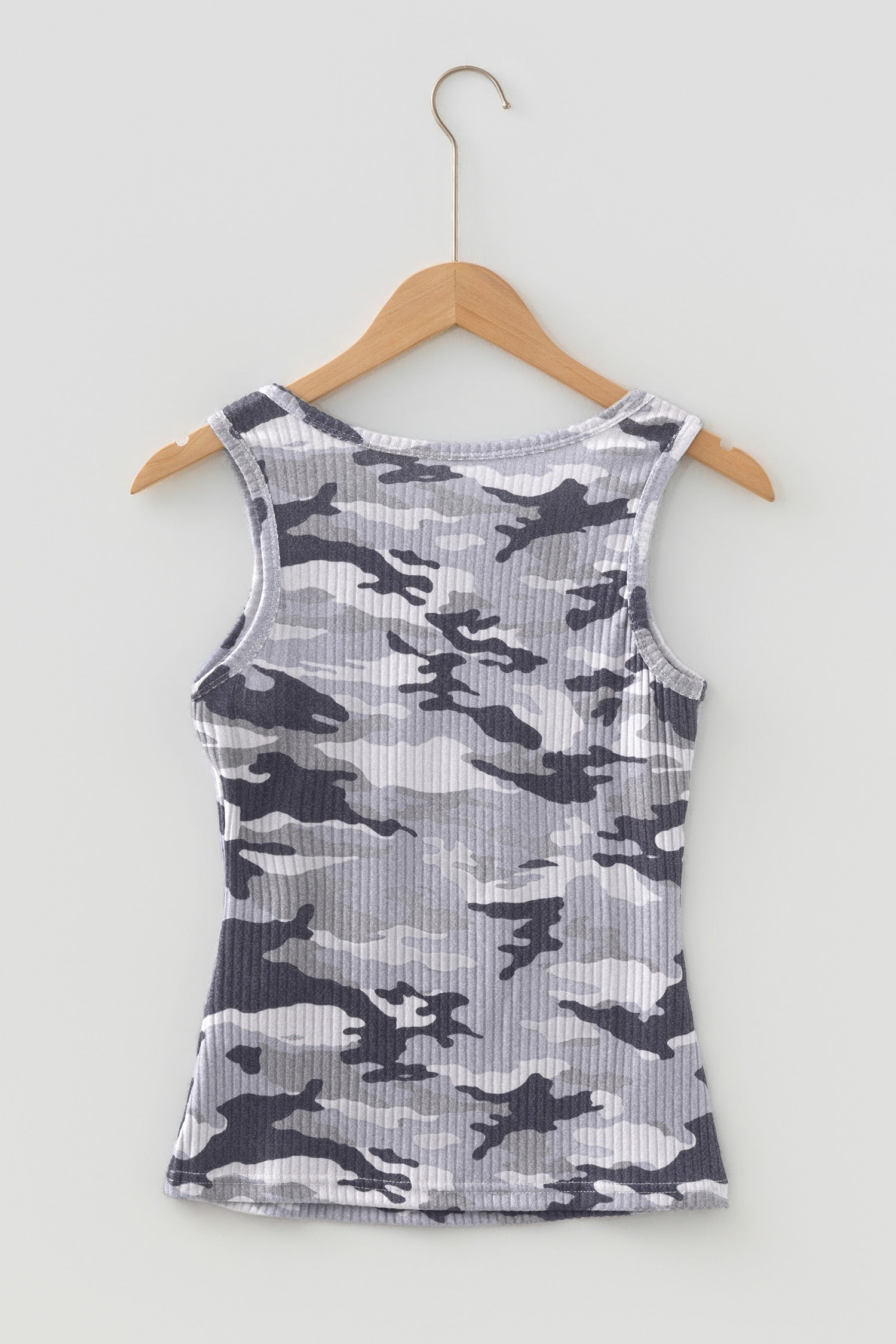 Gray Camouflage Print Ribbed Knit Round Neck Tank Top - Snoopy's Closet