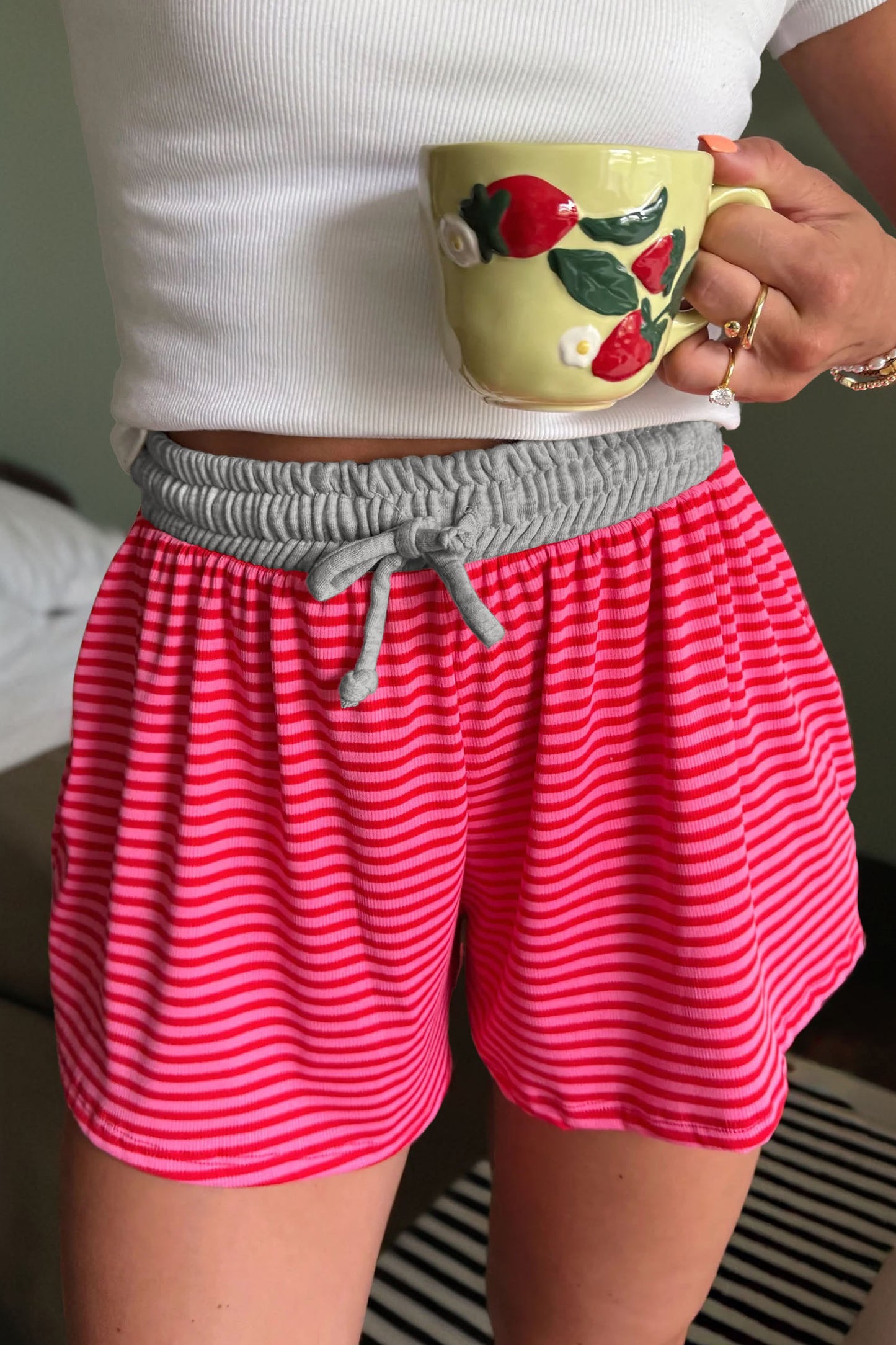 Rose Stripe Contrast Elastic Waist Casual Ribbed Shorts - Snoopy's Closet