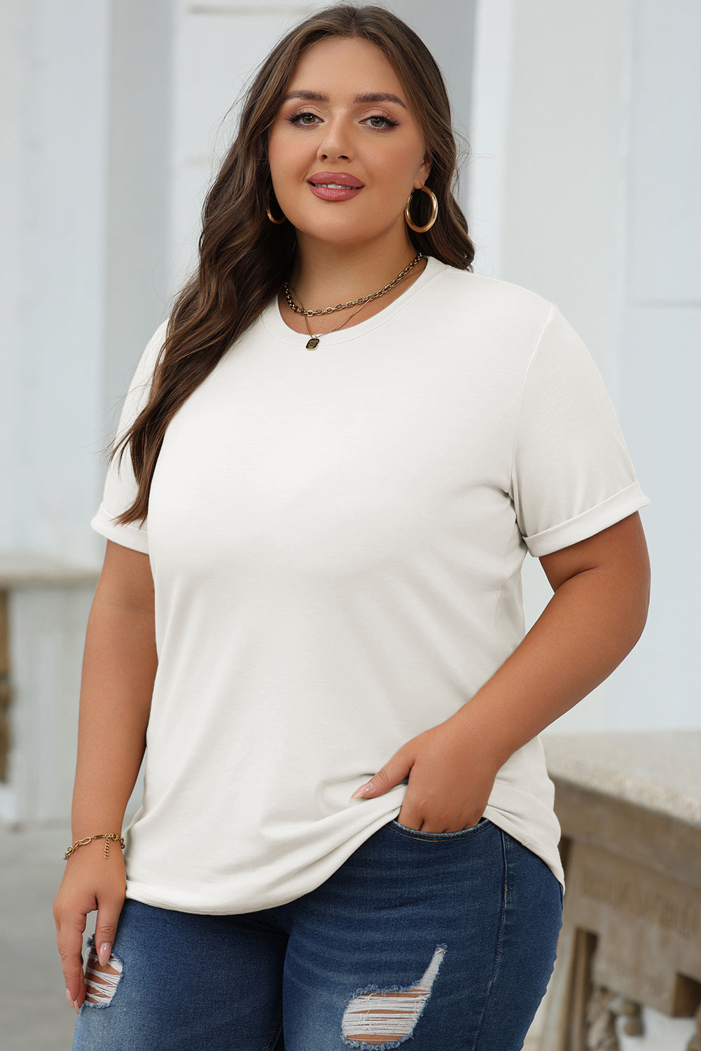 White Casual Plain Crew Neck Tee - Snoopy's Closet