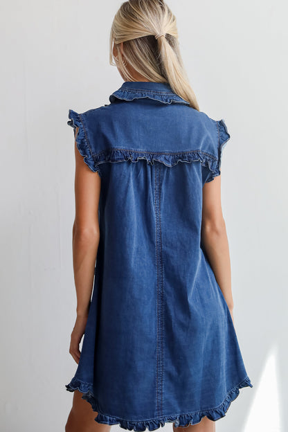 Vestido vaquero azul marinero con cuello, ribete con volantes y bolsillos