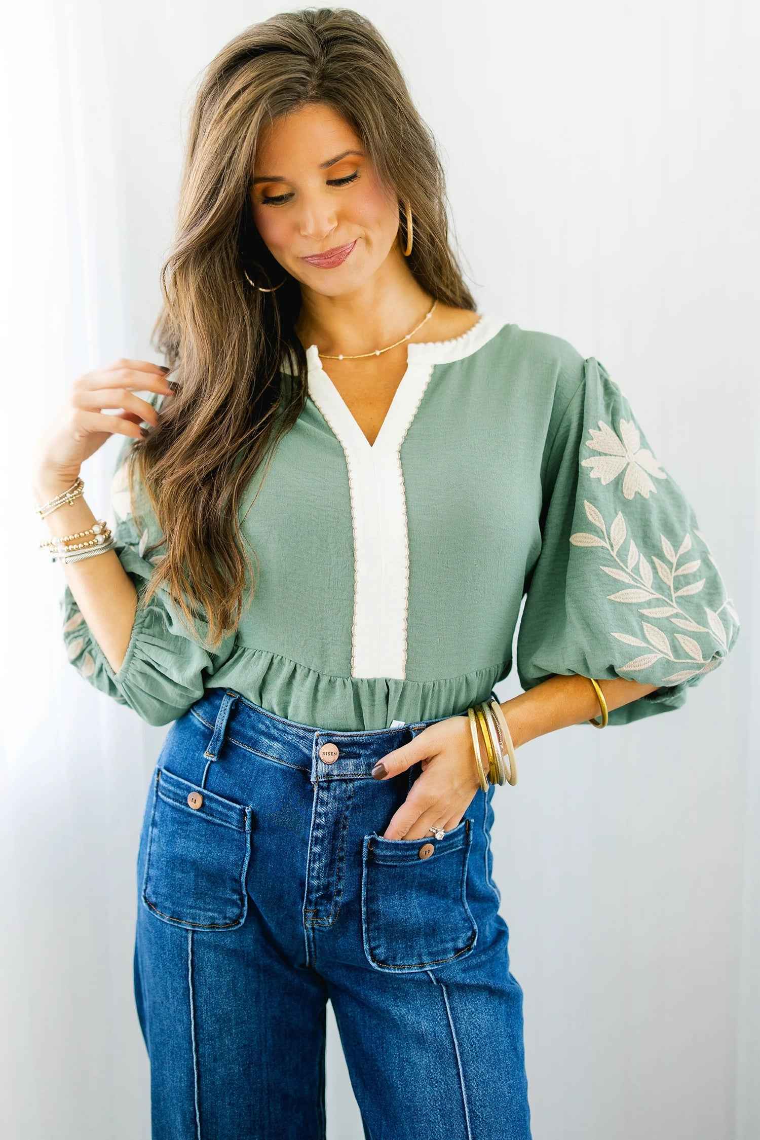 Myosotis Color Block Patchwork V Neck Embroidered Puff Sleeve Babydoll Blouse