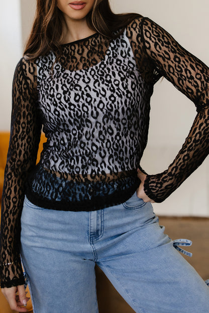 Black Leopard Pattern Sheer Mesh Long Sleeve Top - Snoopy's Closet