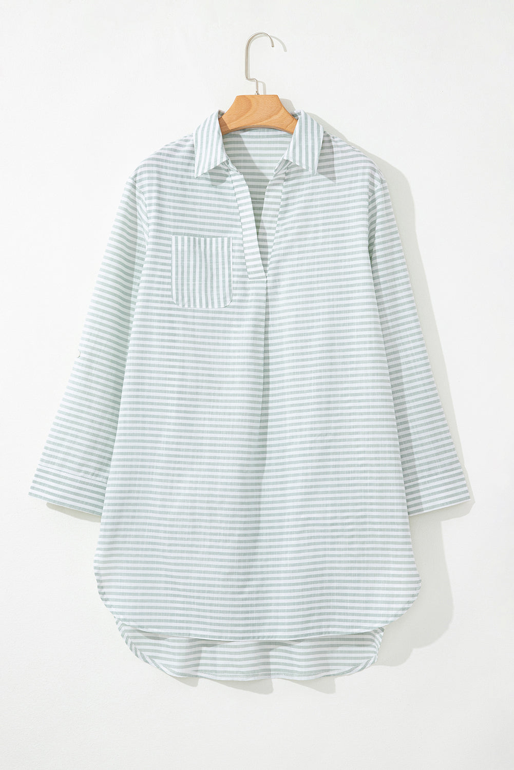 White Stripe Collared V Neck Chest Pocket Long Sleeve Beach Cover up - Snoopy's Closet