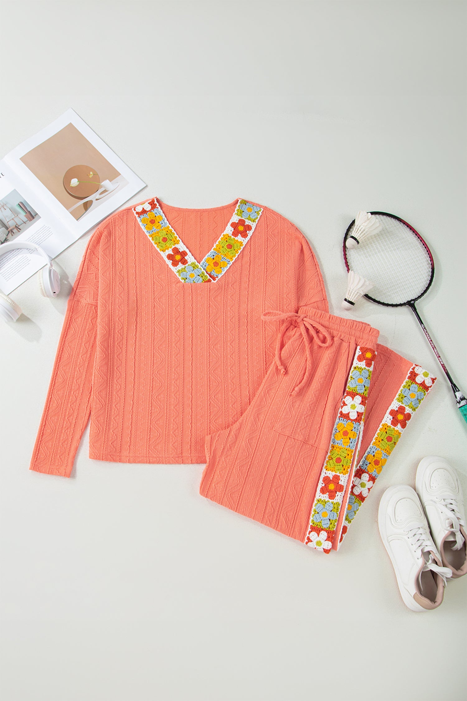 Grapefruit Orange Crochet Floral Accent V Neck Textured Pants Set - Snoopy's Closet