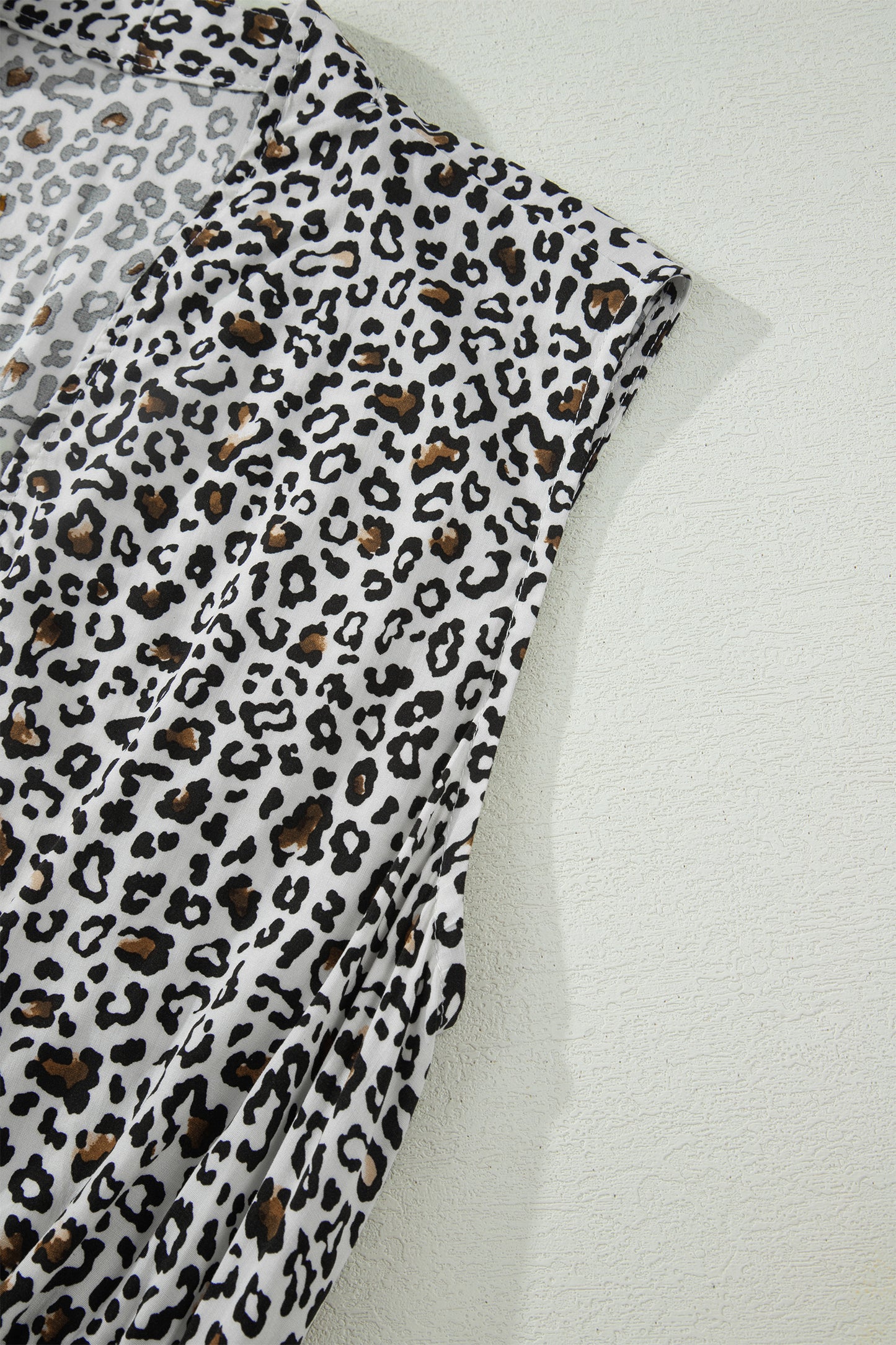Beige Leopard Zip Front V Neck Cinched Waist Sleeveless Maxi Dress