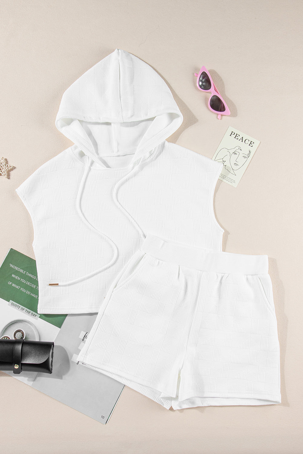 White Textured Cropped Hoodie and Shorts Set - Snoopy's Closet