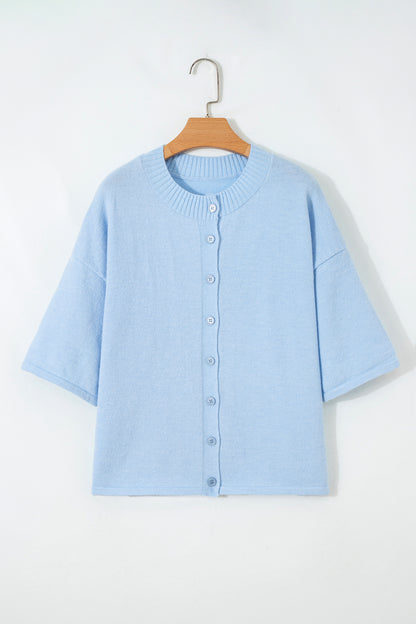 Cárdigan de punto holgado con cuello abotonado y manga 3/4 en azul Beau