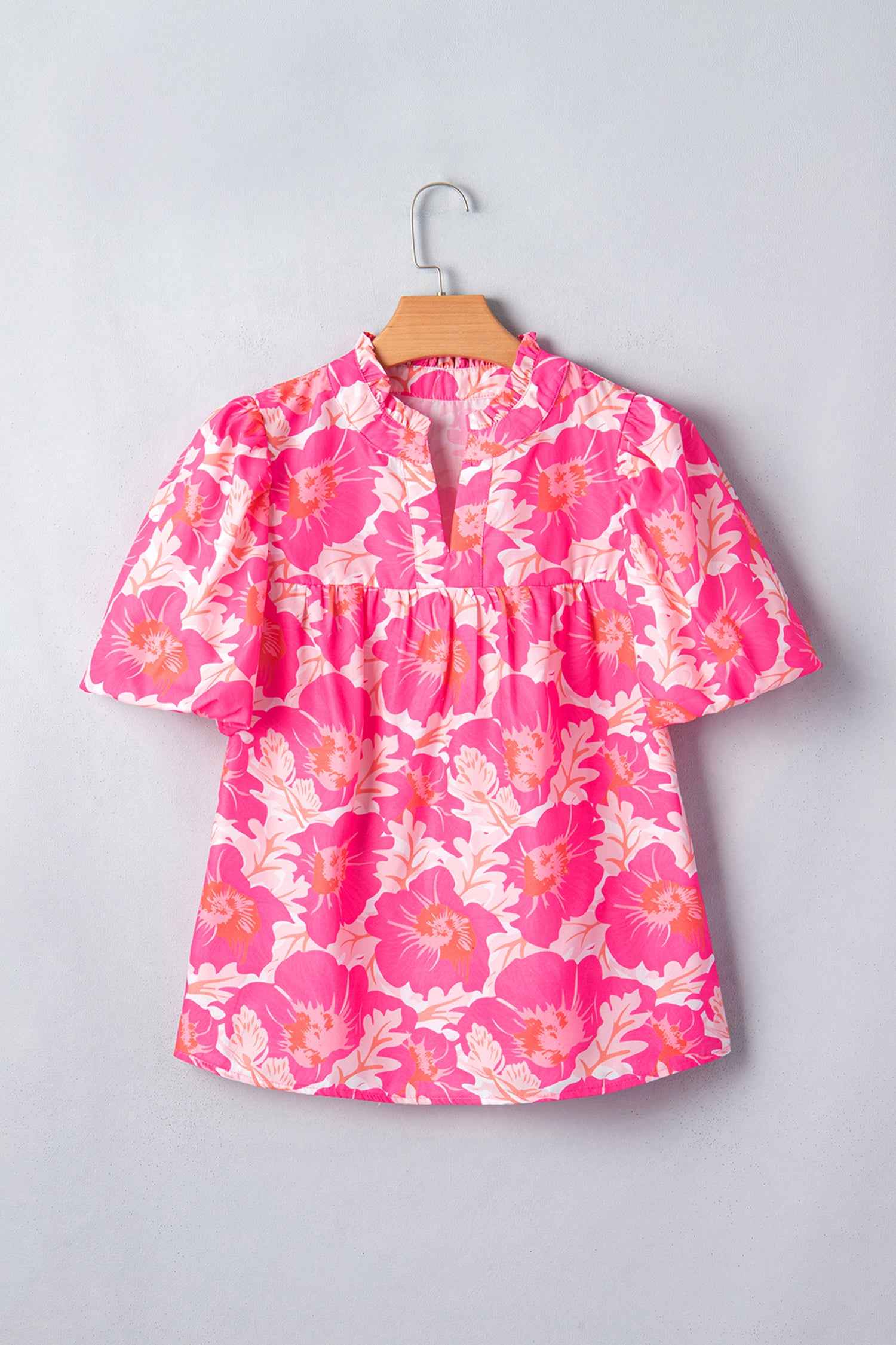 Green Short Bubble Sleeve Summer Floral Blouse