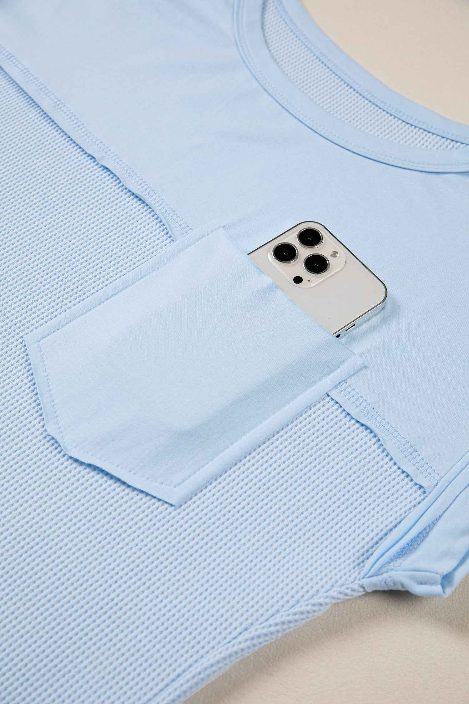 Pink Solid Color Raw Seam Waffled Patchwork Casual T Shirt