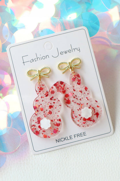 Fiery Red Clear Easter Bunny Bowknot Studded Earrings - Snoopy's Closet