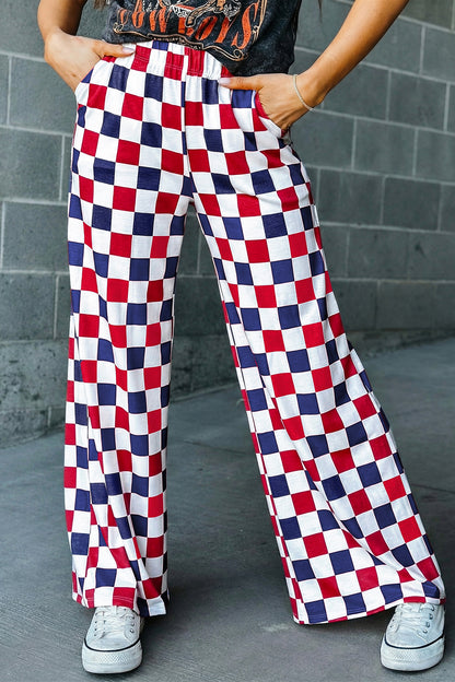 Pantalón de pernera ancha de talle alto con estampado a cuadros de dos tonos en rojo