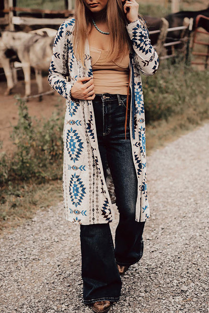 Sky Blue Western Aztec Printed Open Front Long Cardigan - Snoopy's Closet