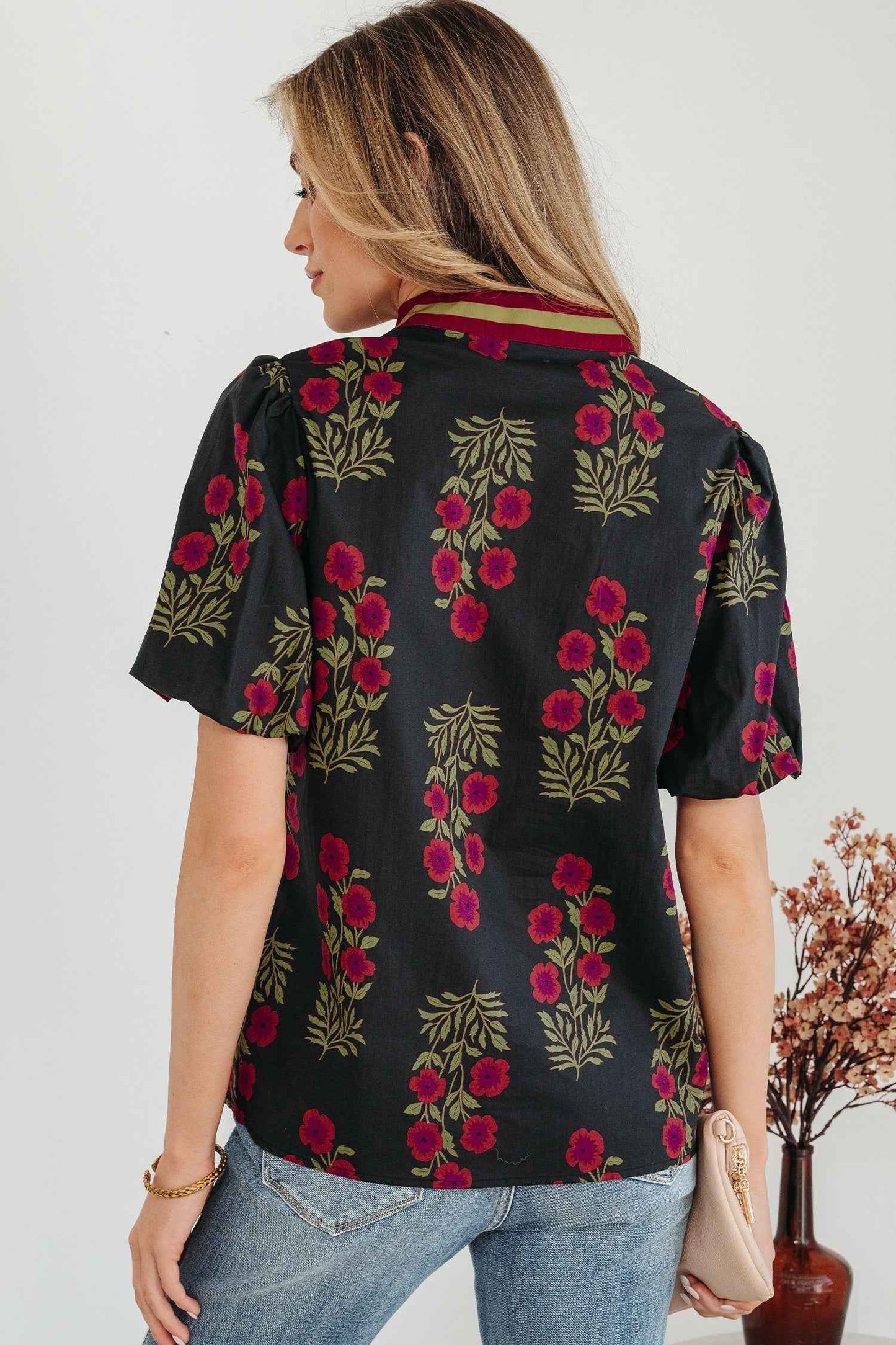 White Floral Short Bubble Sleeve Contrast Slit Neckline Blouse