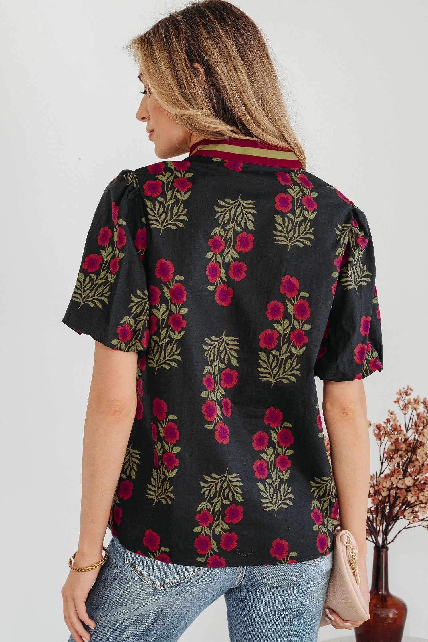 White Floral Short Bubble Sleeve Contrast Slit Neckline Blouse