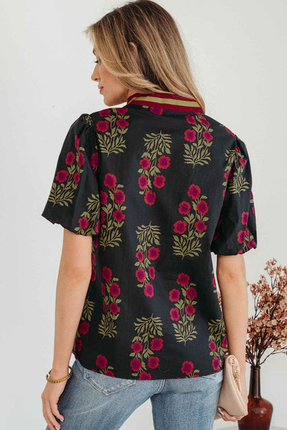 White Floral Short Bubble Sleeve Contrast Slit Neckline Blouse