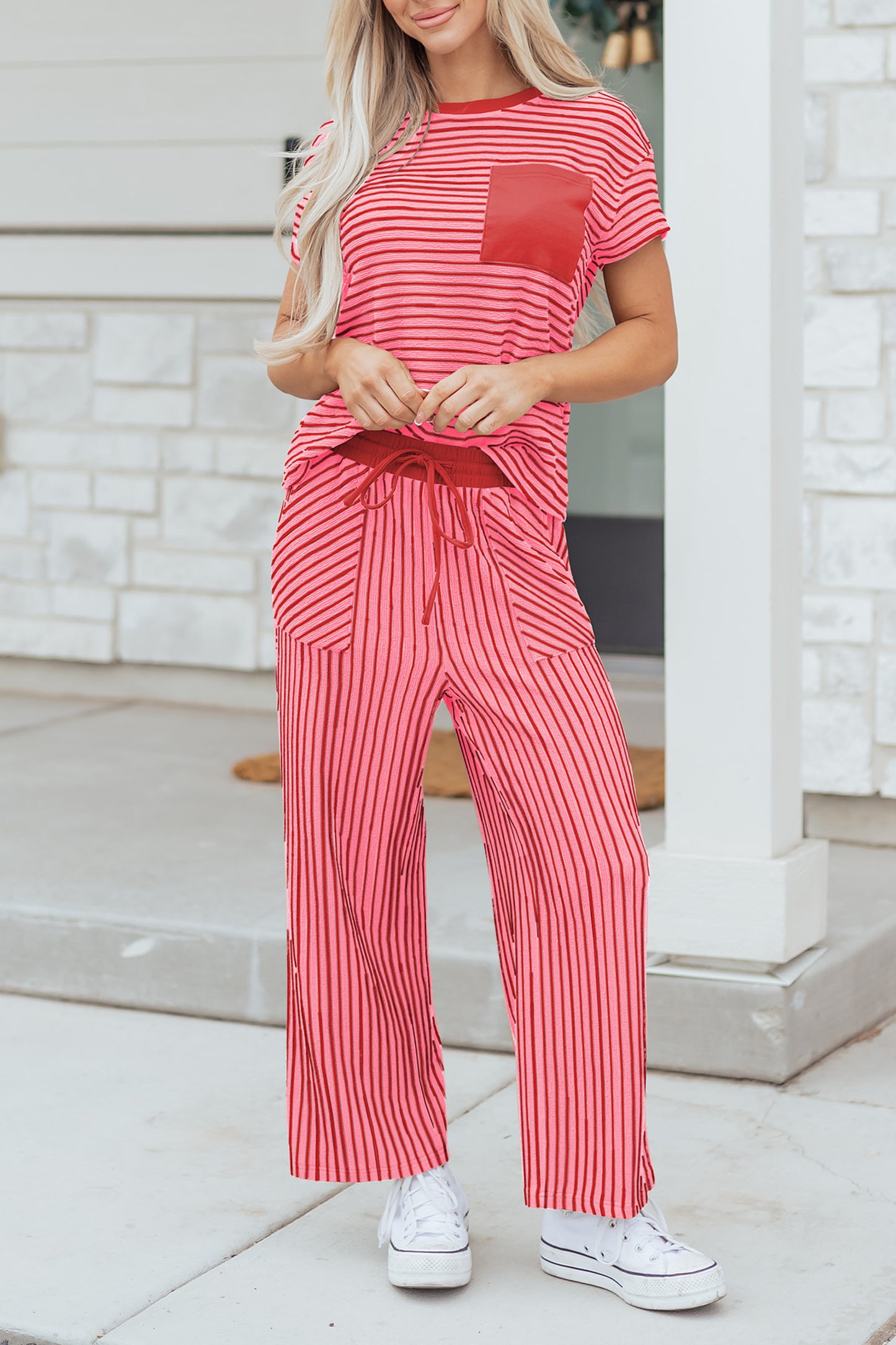 Sky Blue Stripe Crew Neck Tee Drawstring Waist Cropped Pants Set - Snoopy's Closet