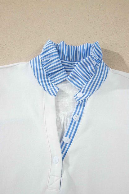 Sky Blue Striped Frilled Collar Short Sleeve Blouse