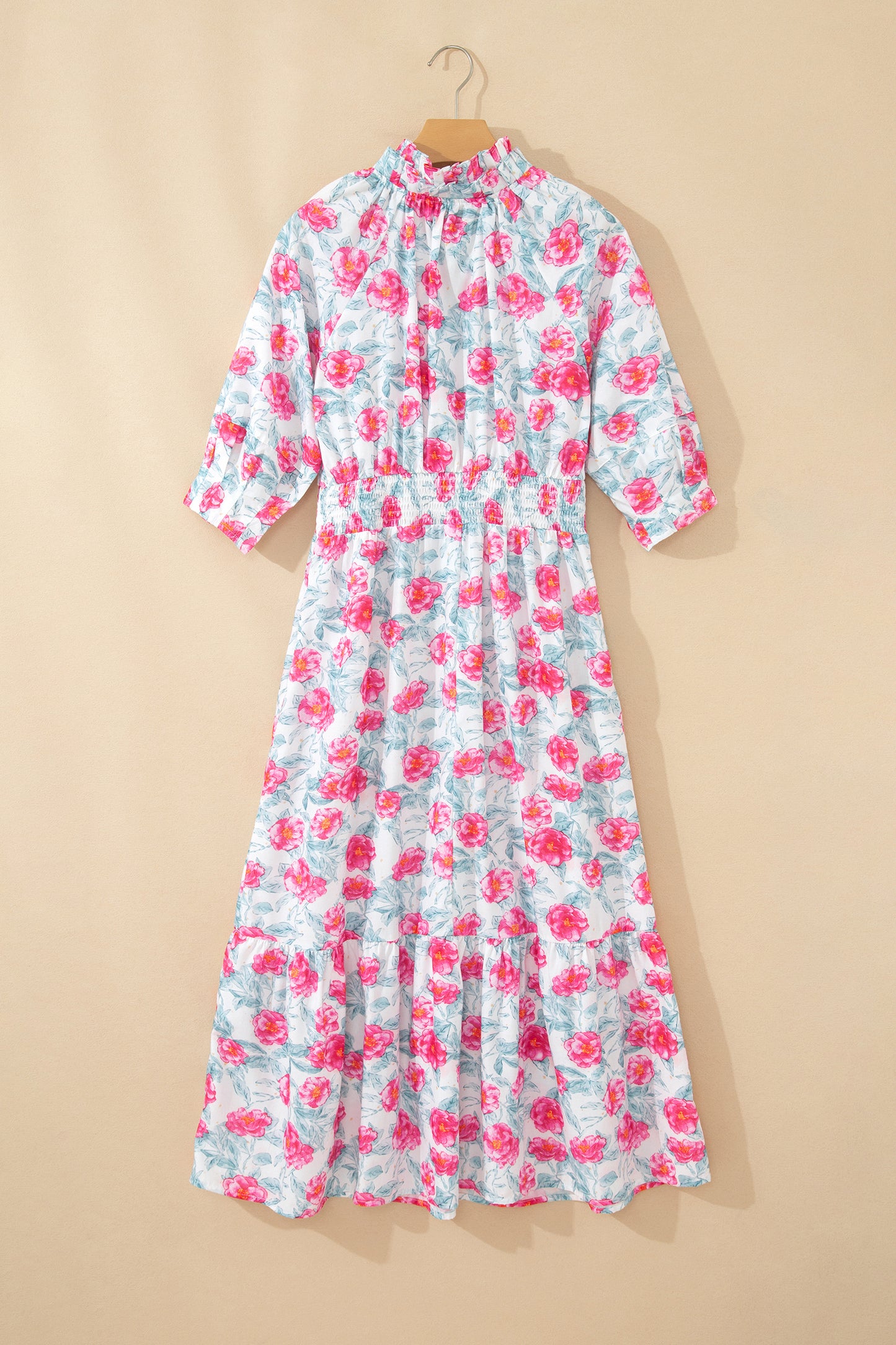 Vestido midi elegante rojo con manga abullonada y estampado floral