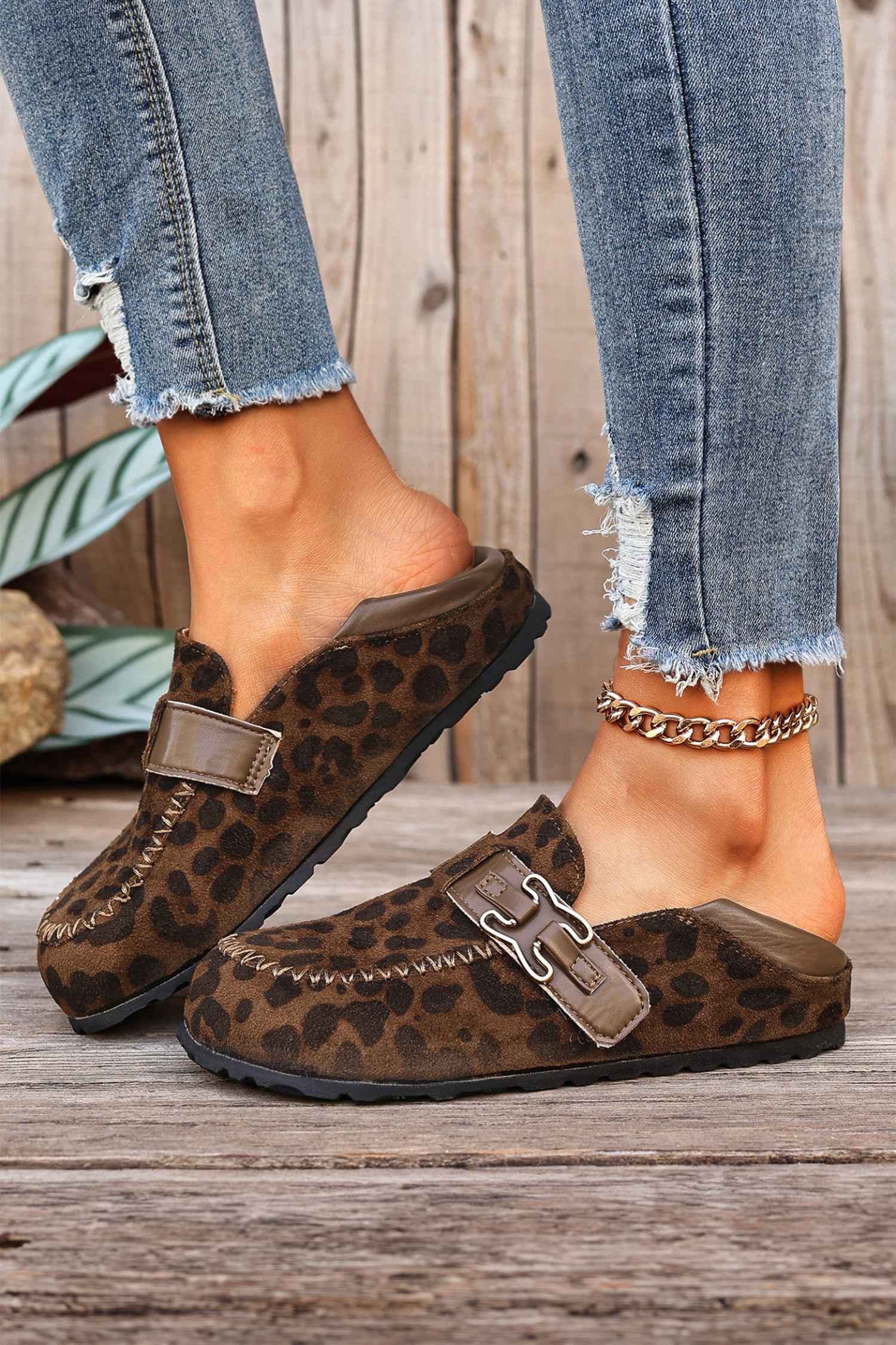 Coffee Faux Suede PU Leather Patchwork Retro Buckle Slip On Shoes
