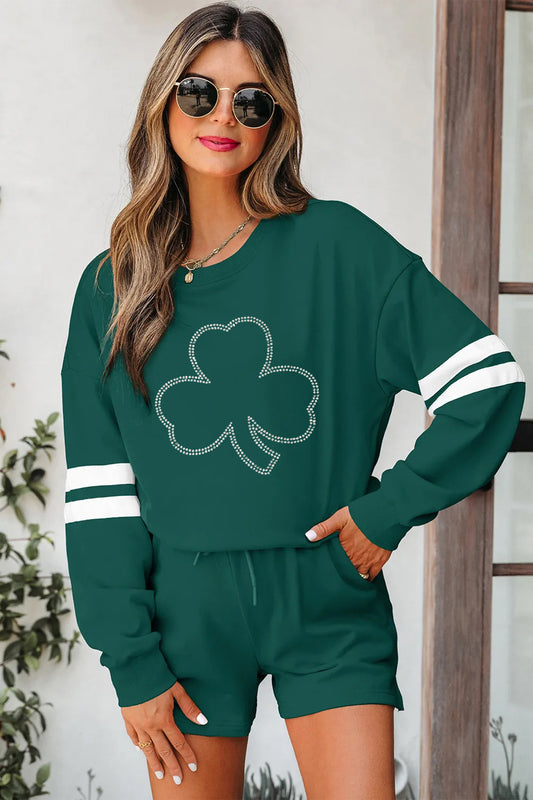 Conjunto de 2 piezas de shorts con cordón y jersey Clover Varsity con diamantes de imitación Evergreen