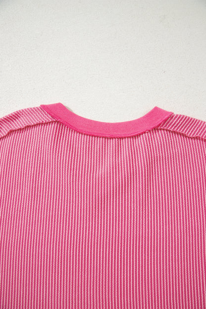 Rose Red Twisted Ribbed Knit V Neck Casual Tee - Snoopy's Closet