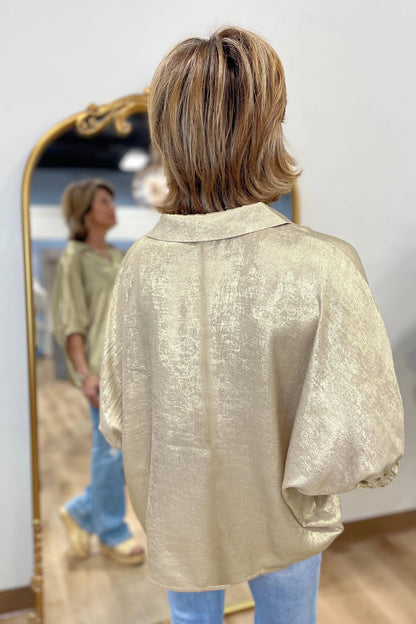 Beige Collared V Neck Half Sleeve Metallic Top
