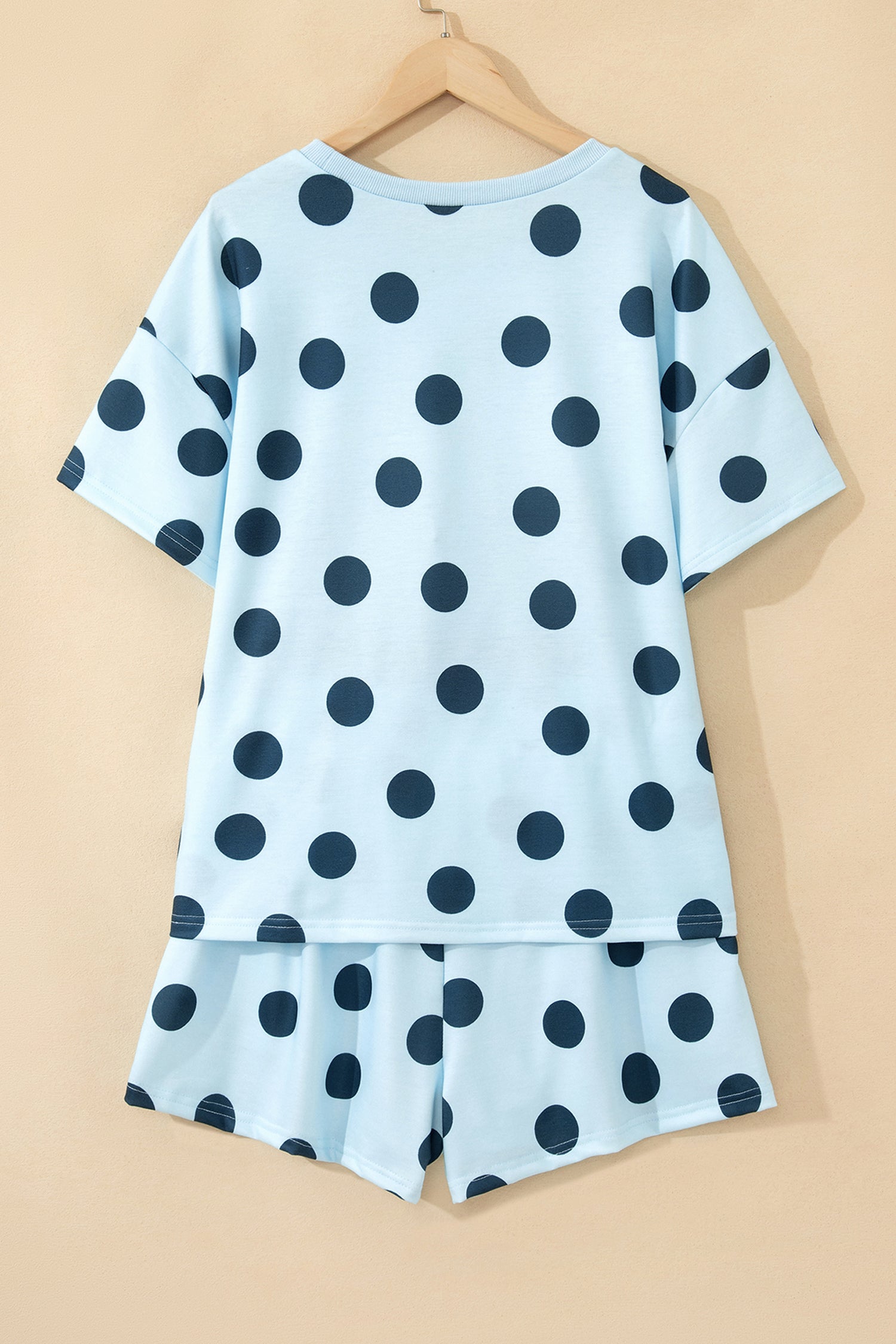 Sky Blue Polka Dot Print Loose Tee Drawstring Elastic Waist Short Set - Snoopy's Closet