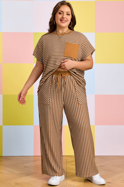 Conjunto de descanso de talla grande a rayas caqui con bloques de color y bolsillos