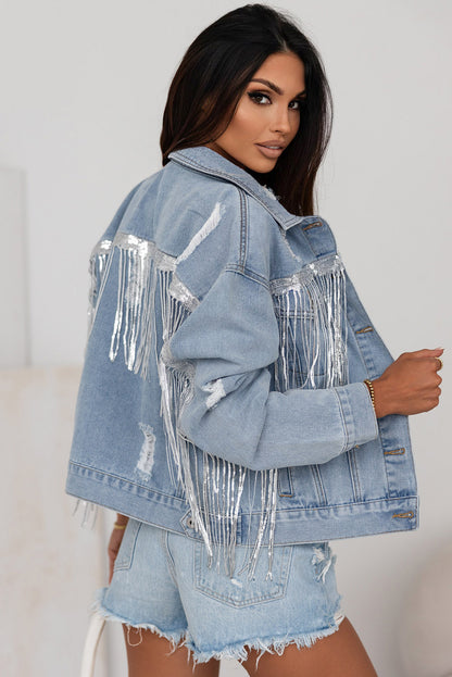 Sky Blue Sequin Embellished Fringe Distressed Denim Jacket - Snoopy's Closet