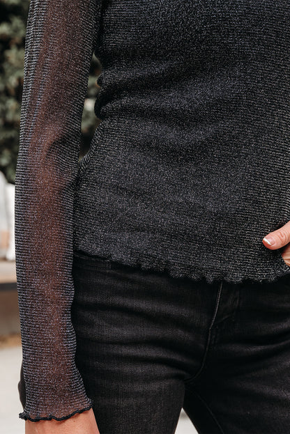 Black Metallic Glitter Mesh Long Sleeve Top - Snoopy's Closet