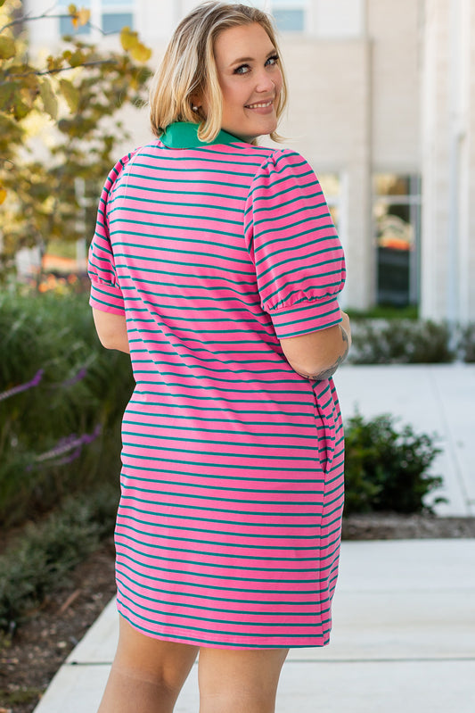 Vestido Camisero Holgado con Bolsillos, Cuello en V, Manga Abullonada y Rayas Rosas
