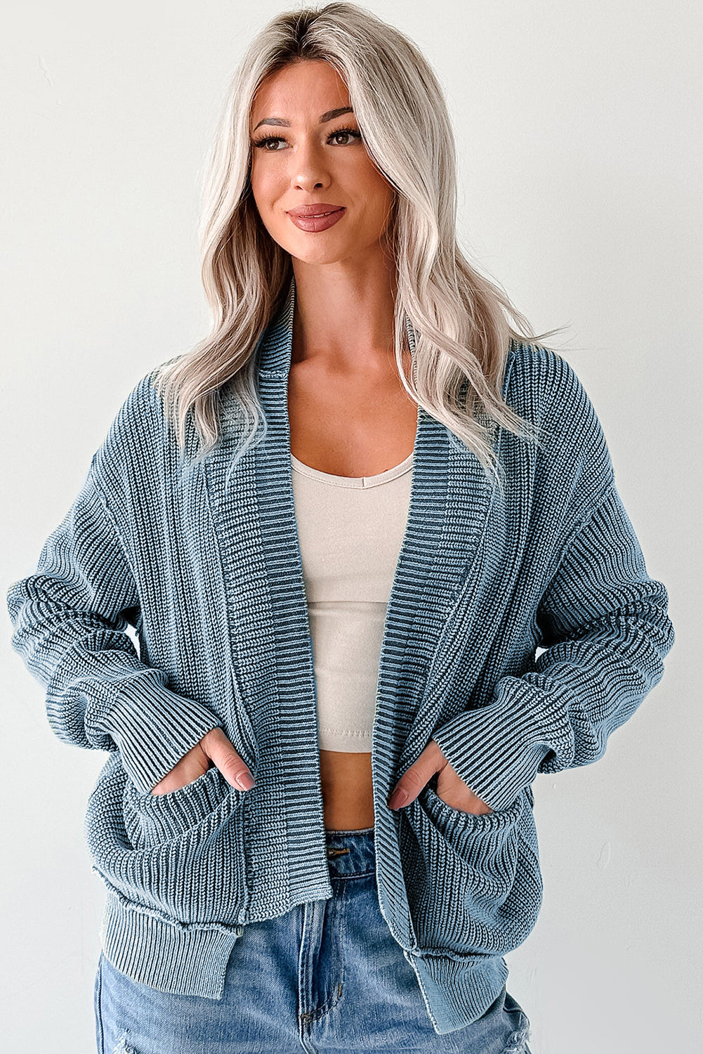 Evergreen Mineral Wash Exposed Seam Patchwork Knit Open Sweater Cardigan - Snoopy's Closet