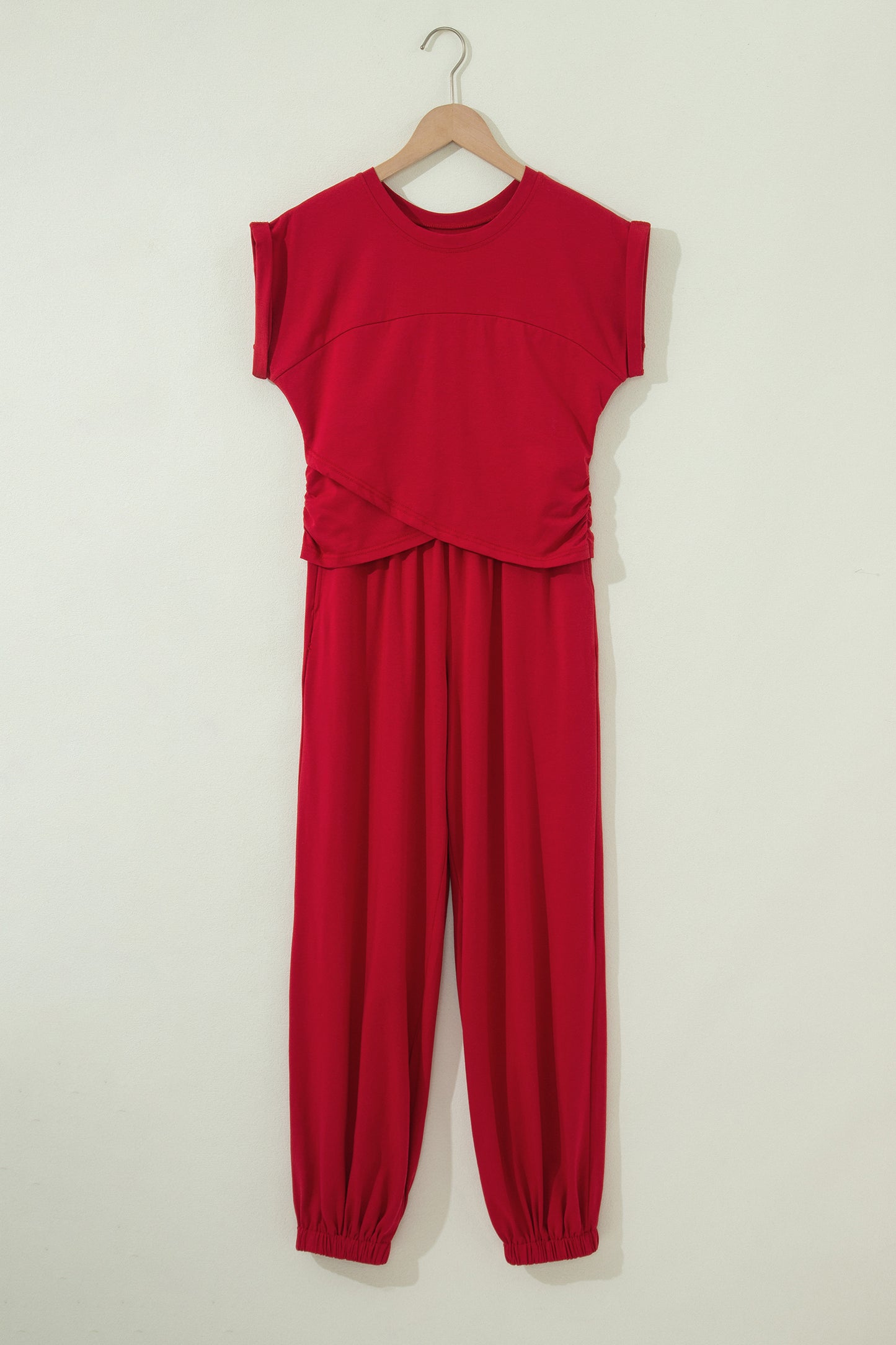 Racing Red Solid Color Cropped Tank Top and Jogger Pants Set - Snoopy's Closet