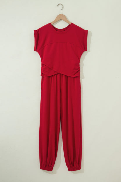 Racing Red Solid Color Cropped Tank Top and Jogger Pants Set - Snoopy's Closet