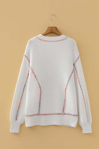 White Rainbow Stitching Balloon Sleeve Relaxed Sweater - Snoopy's Closet