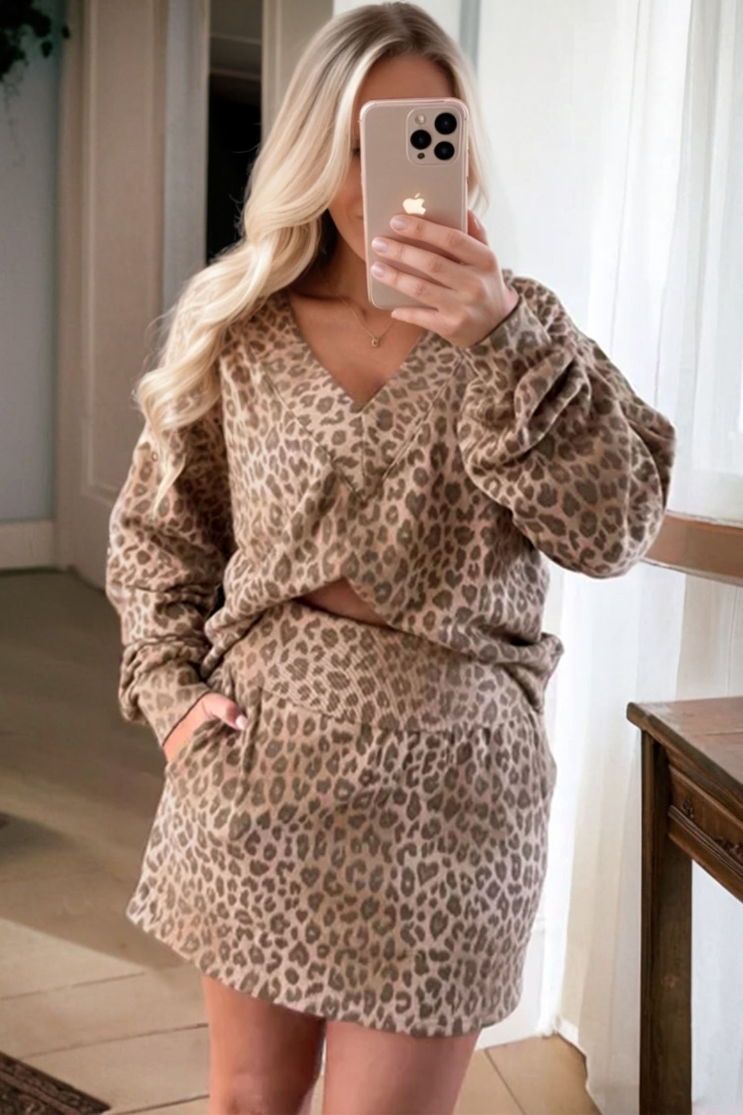 Light French Beige Leopard Print V Neck Pullover Mini Skirt 2pcs Set - Snoopy's Closet