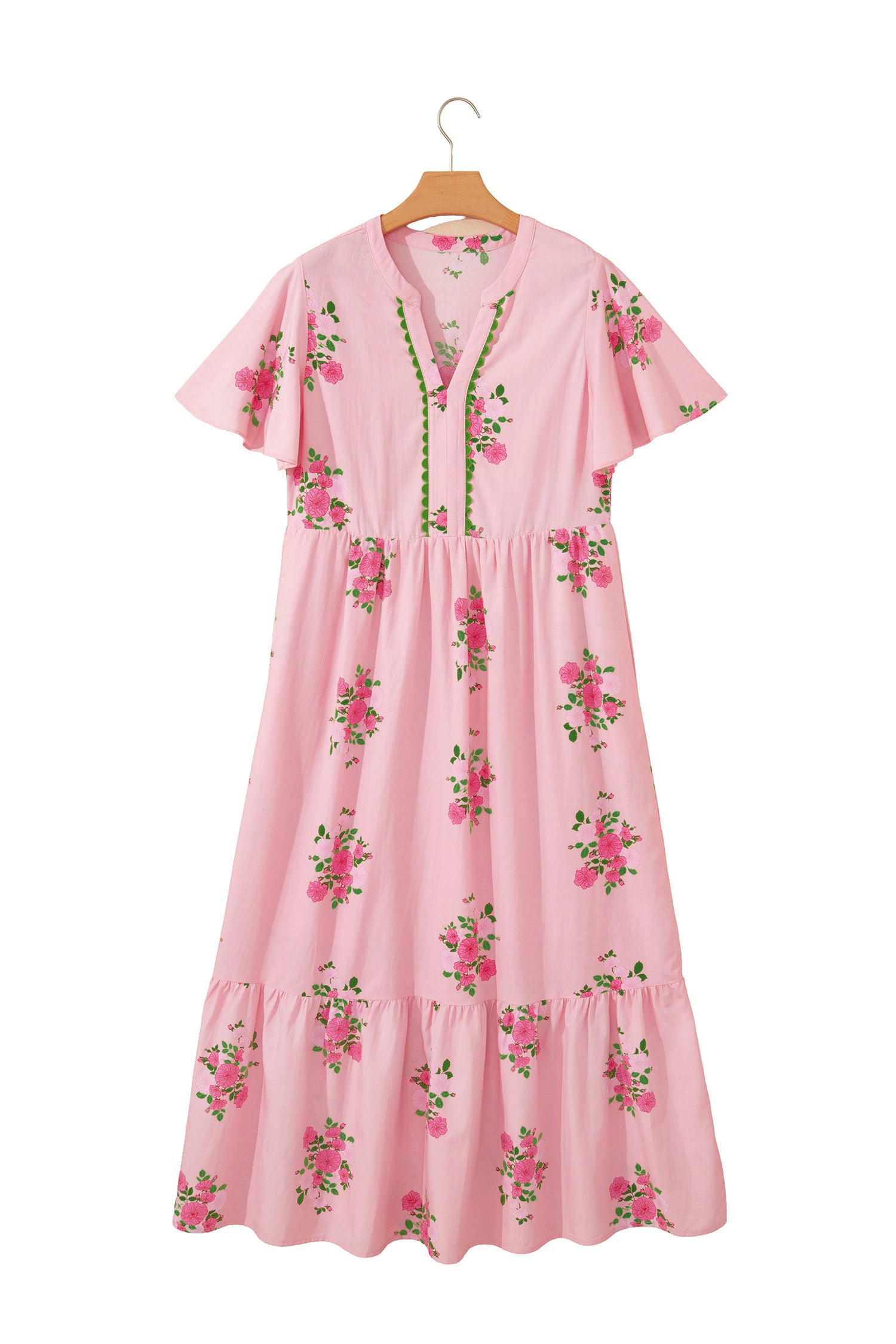 Pink Notched Neck Flutter Short Sleeve Floral Print Maxi Dress - Snoopy's Closet