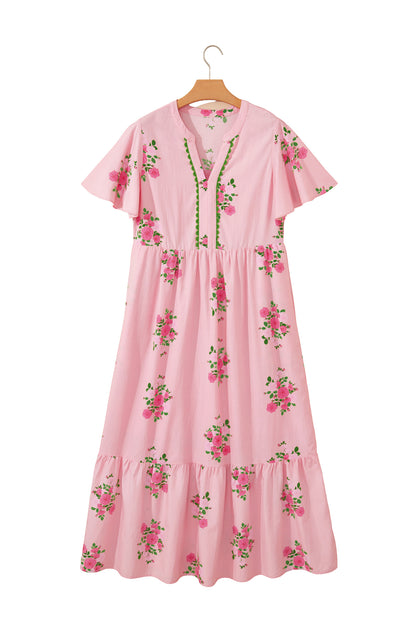 Pink Notched Neck Flutter Short Sleeve Floral Print Maxi Dress - Snoopy's Closet