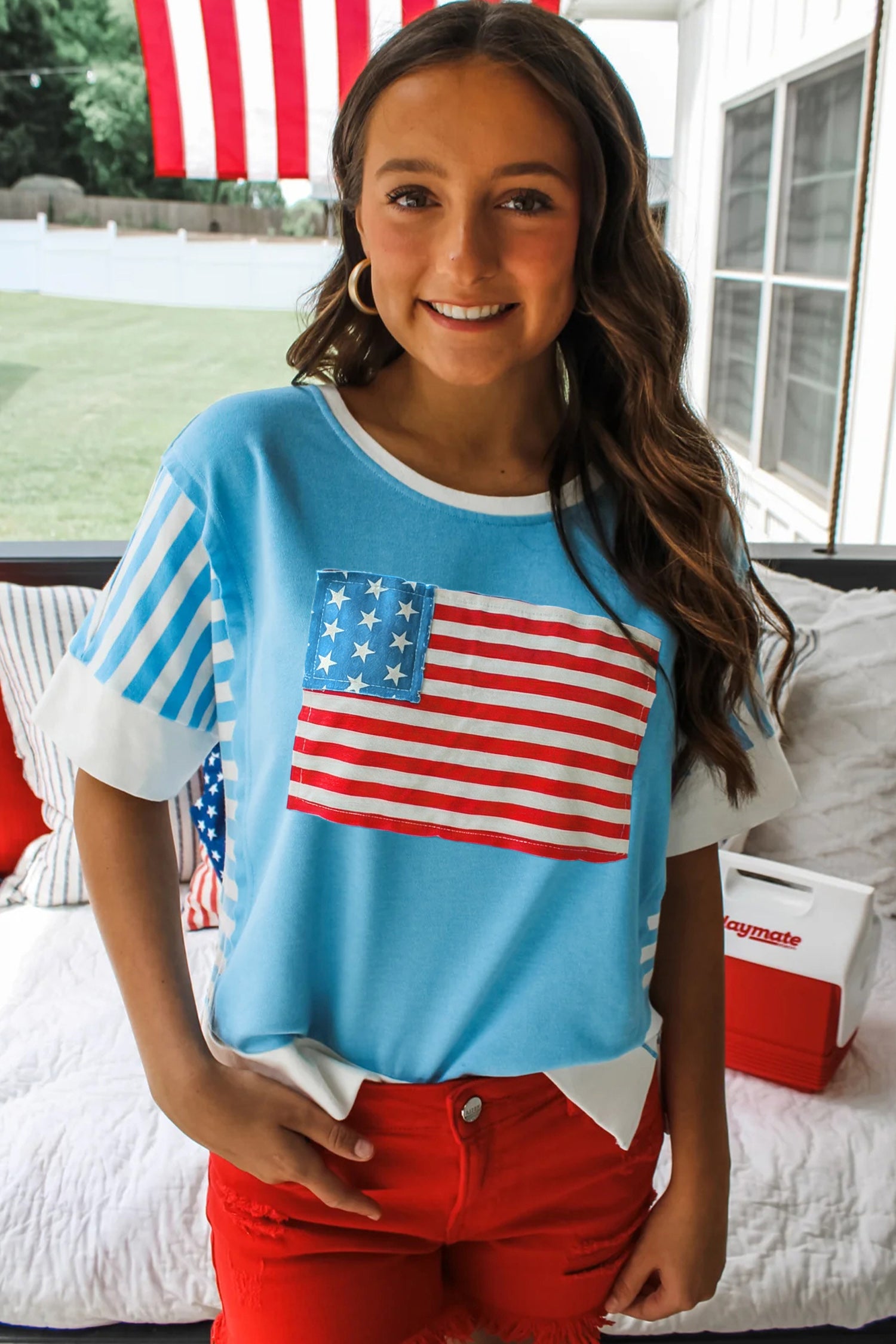 Light Blue Flag Print Patchwork Colorblock July 4th T Shirt