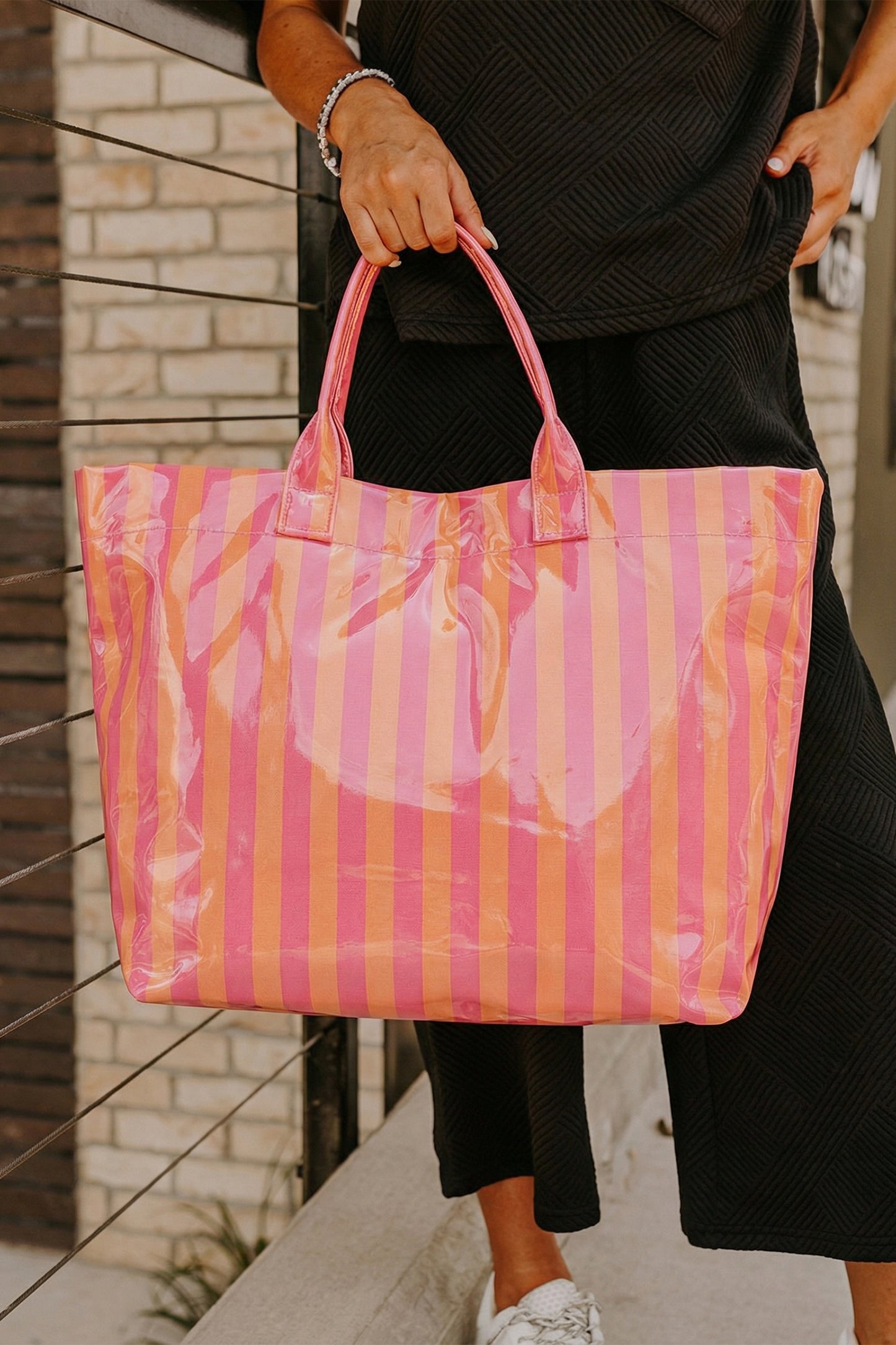 Blackish Green Glossy Striped Vinyl Large Tote Bag - Snoopy's Closet