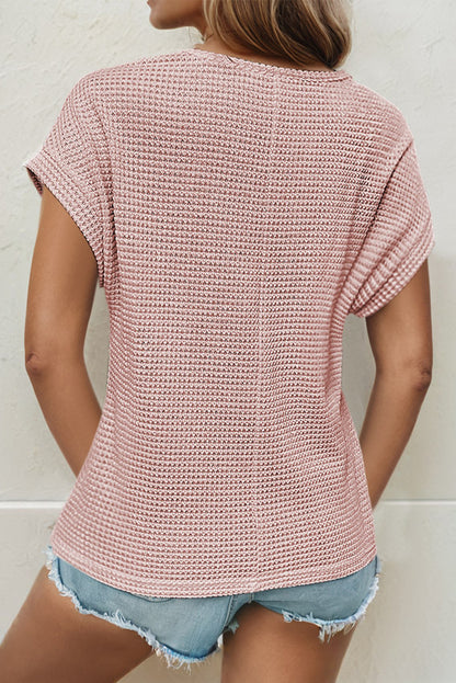 Light Pink Lace Patchwork Waffle Short Sleeve Top - Snoopy's Closet