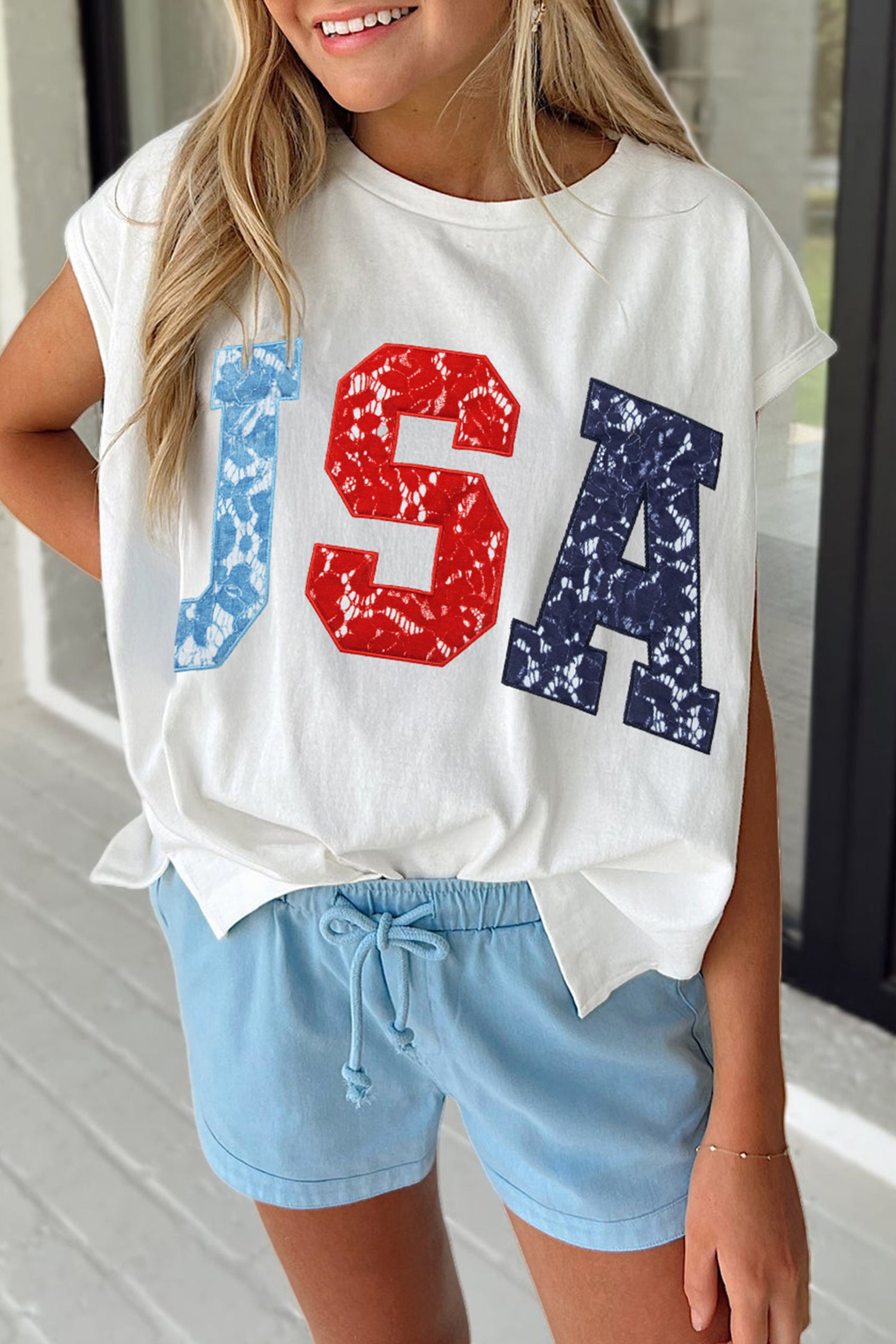 White USA Color Block Letter Printed Dolman Tee